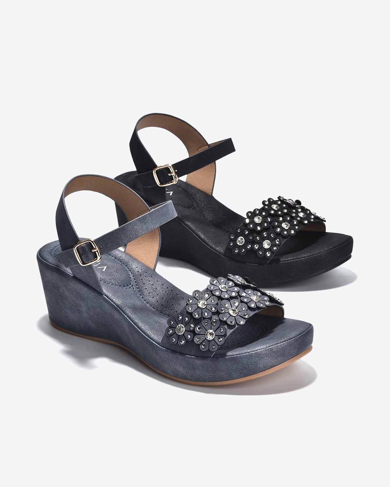 Giày Sandal Cao Gót Zucia Quai Ngang Đính Hoa-SHLK2-Xanh Color2