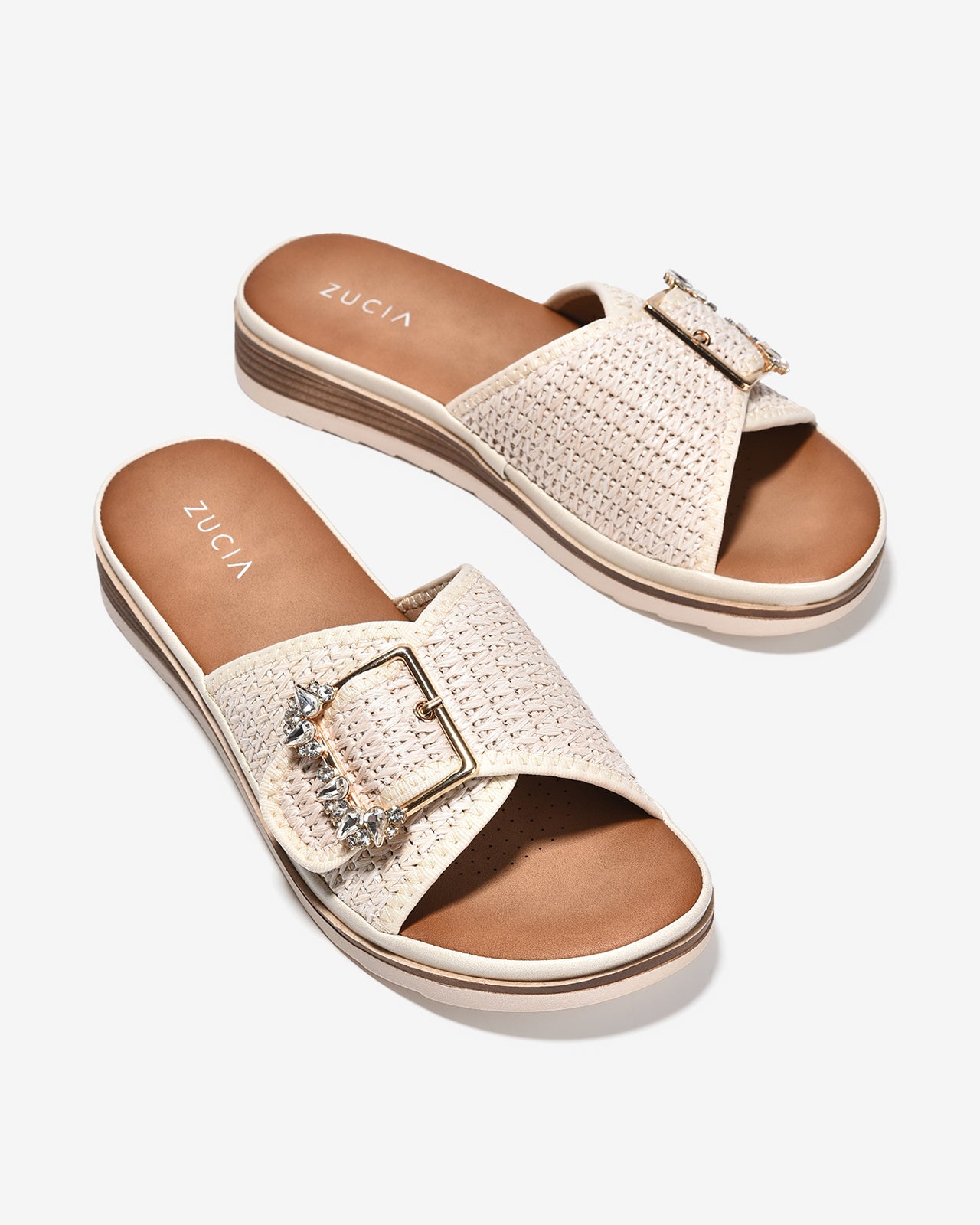 Dép Quai Ngang Nữ Zucia Khoá Đính Đá-DHLK3-Kem Color2