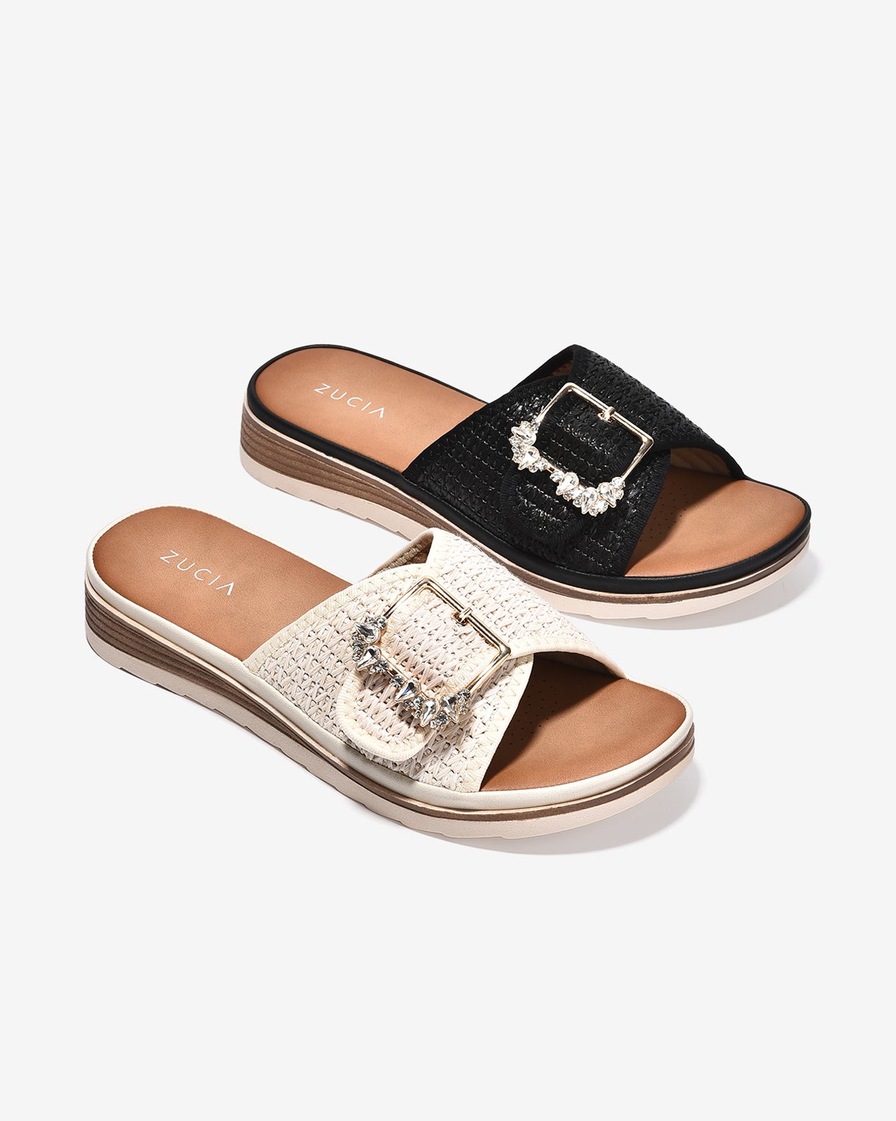 Dép Quai Ngang Nữ Zucia Khoá Đính Đá-DHLK3-Kem Color2