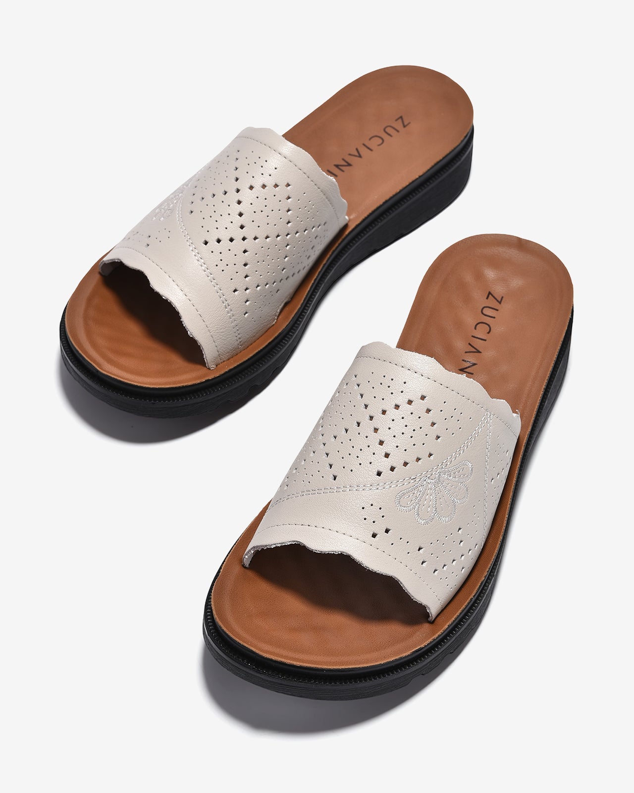 Dép Nữ Zuciani Quai Ngang Hoa Văn Cắt Laser-DCF58-Kem Color2