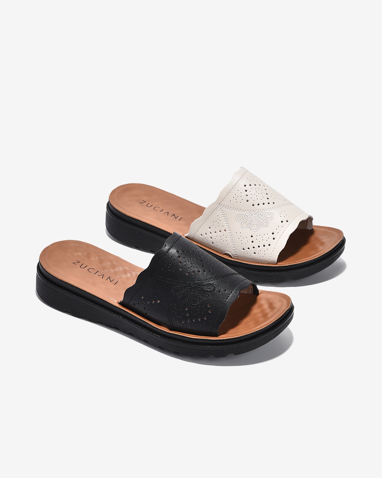 Dép Nữ Zuciani Quai Ngang Hoa Văn Cắt Laser-DCF58-Kem Color1