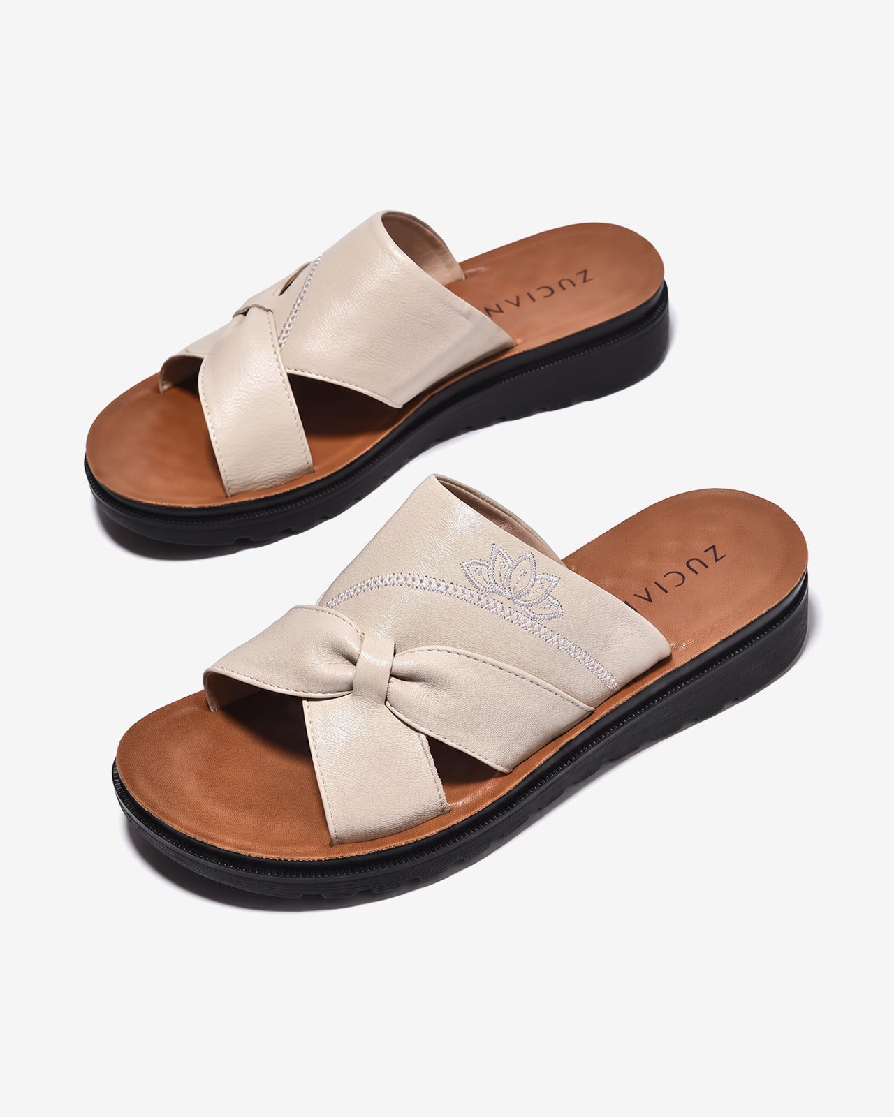 Dép Nữ Zuciani Quai Nơ Thêu Hoa-DCF97-Kem Color2