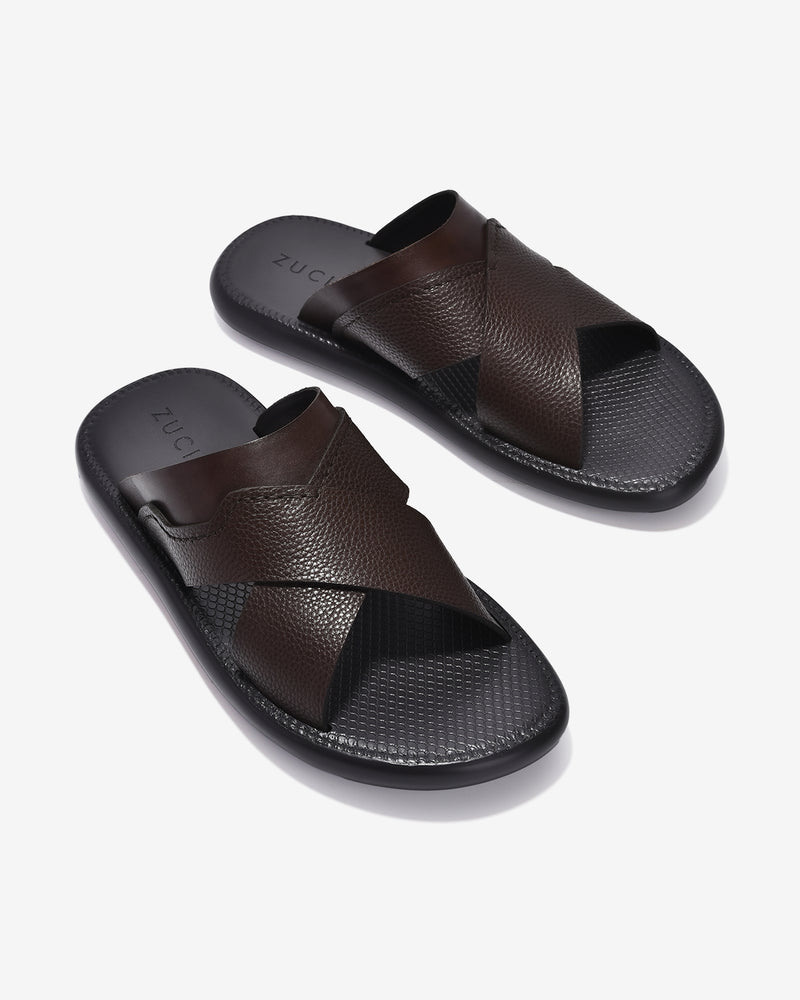 Dép Nam Zuciani Quai Chéo Viền Nổi-DRW13-Nâu Color1