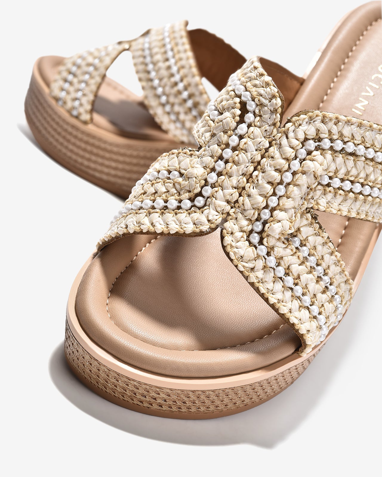 Dép Xuồng Zuciani Đế Cói Quai Chéo Đính Ngọc-DMD04-Kem Color2