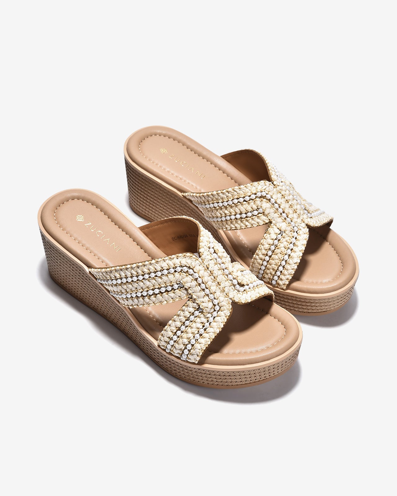 Dép Xuồng Zuciani Đế Cói Quai Chéo Đính Ngọc-DMD04-Kem Color1