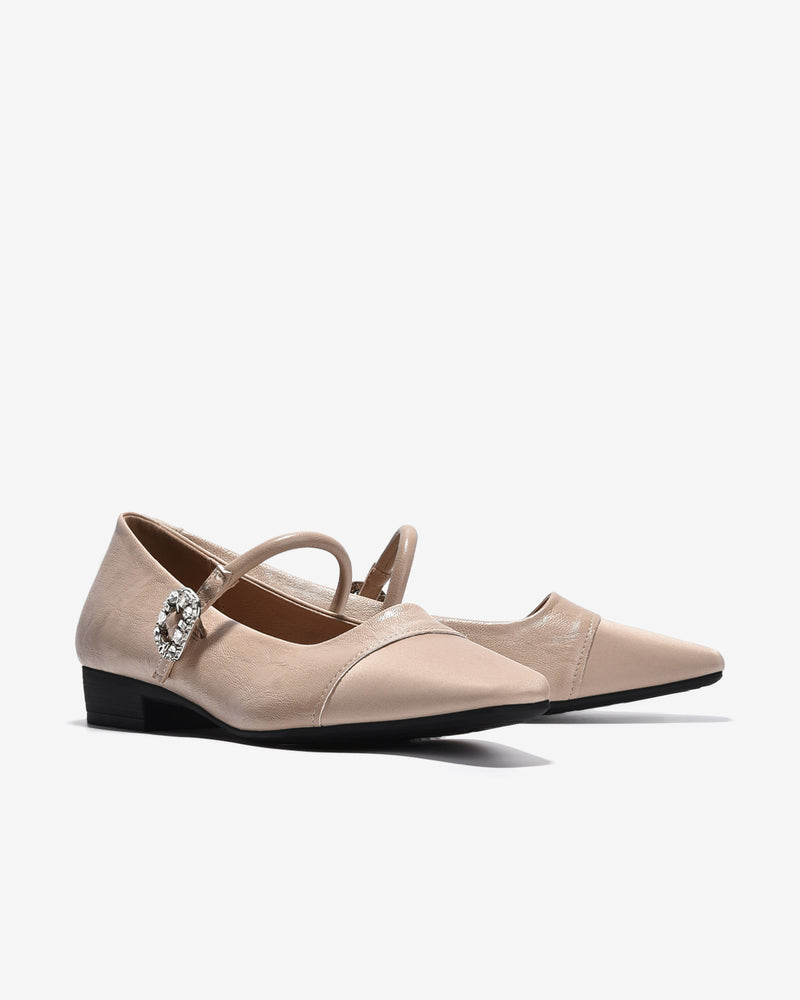 Giày Búp Bê Zucia Mũi Vuông Khóa Đính Đá-GTH87-Kem Color1