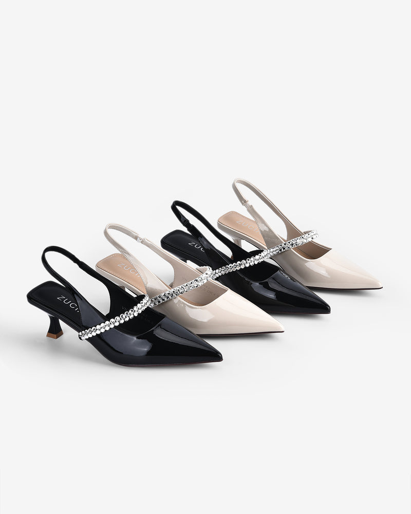 Giày Cao Gót Slingback Zucia Mũi Nhọn Quai Đá-GTH83-Kem Bóng Color1