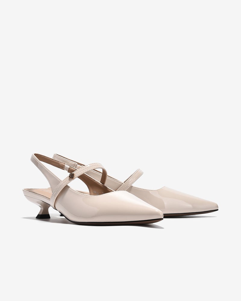 Giày Slingback Cao Gót Zucia Da Bóng Gót Kitten Heel-GTH96-Kem Color3