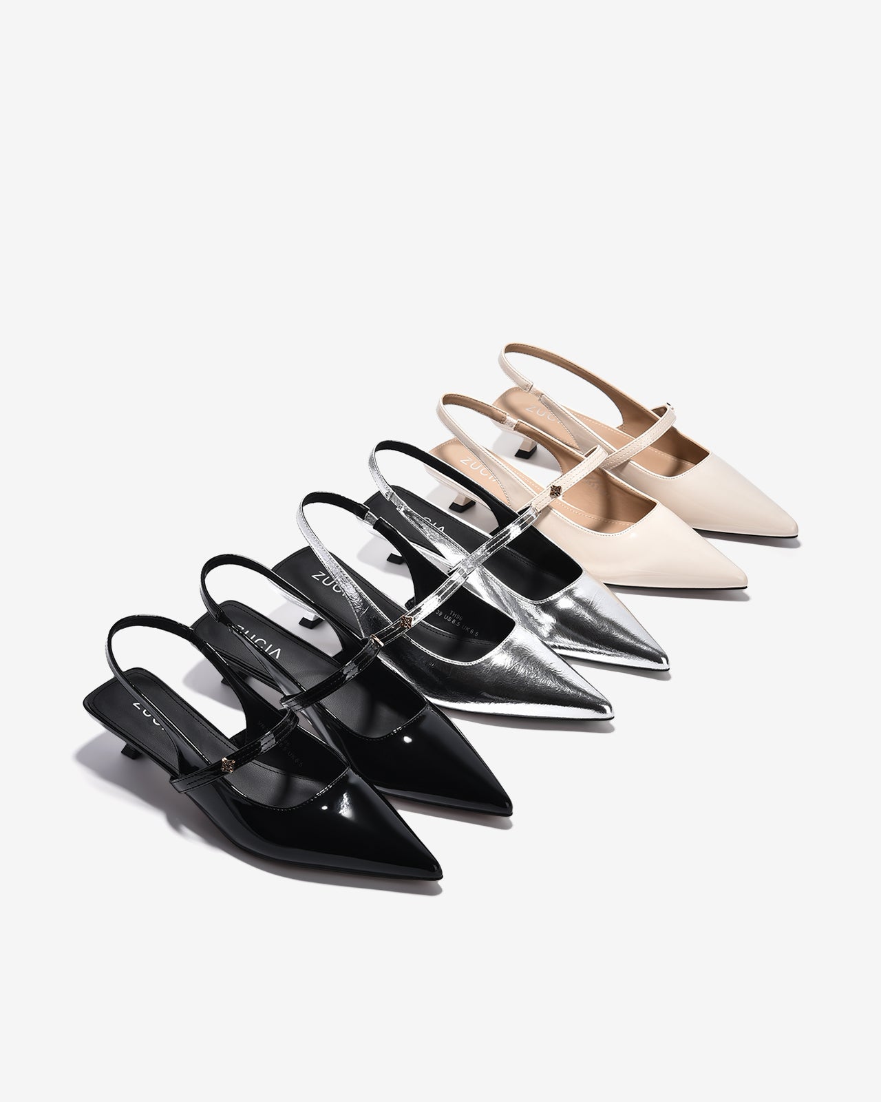 Giày Slingback Cao Gót Zucia Da Bóng Gót Kitten Heel-GTH96-Kem Color1