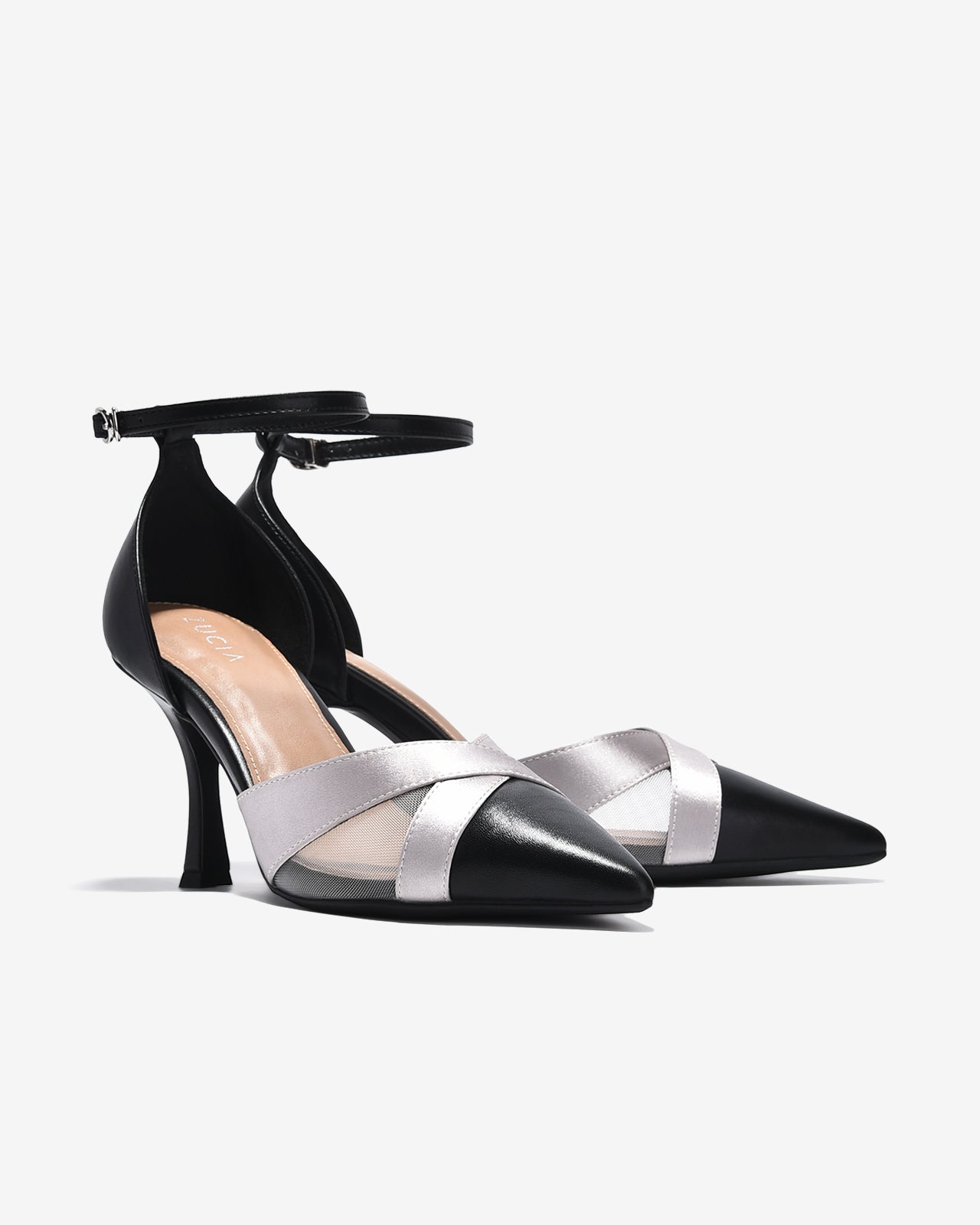 Giày Cao Gót Zucia Satin Phối Lưới-GTHA5-Đen Color1