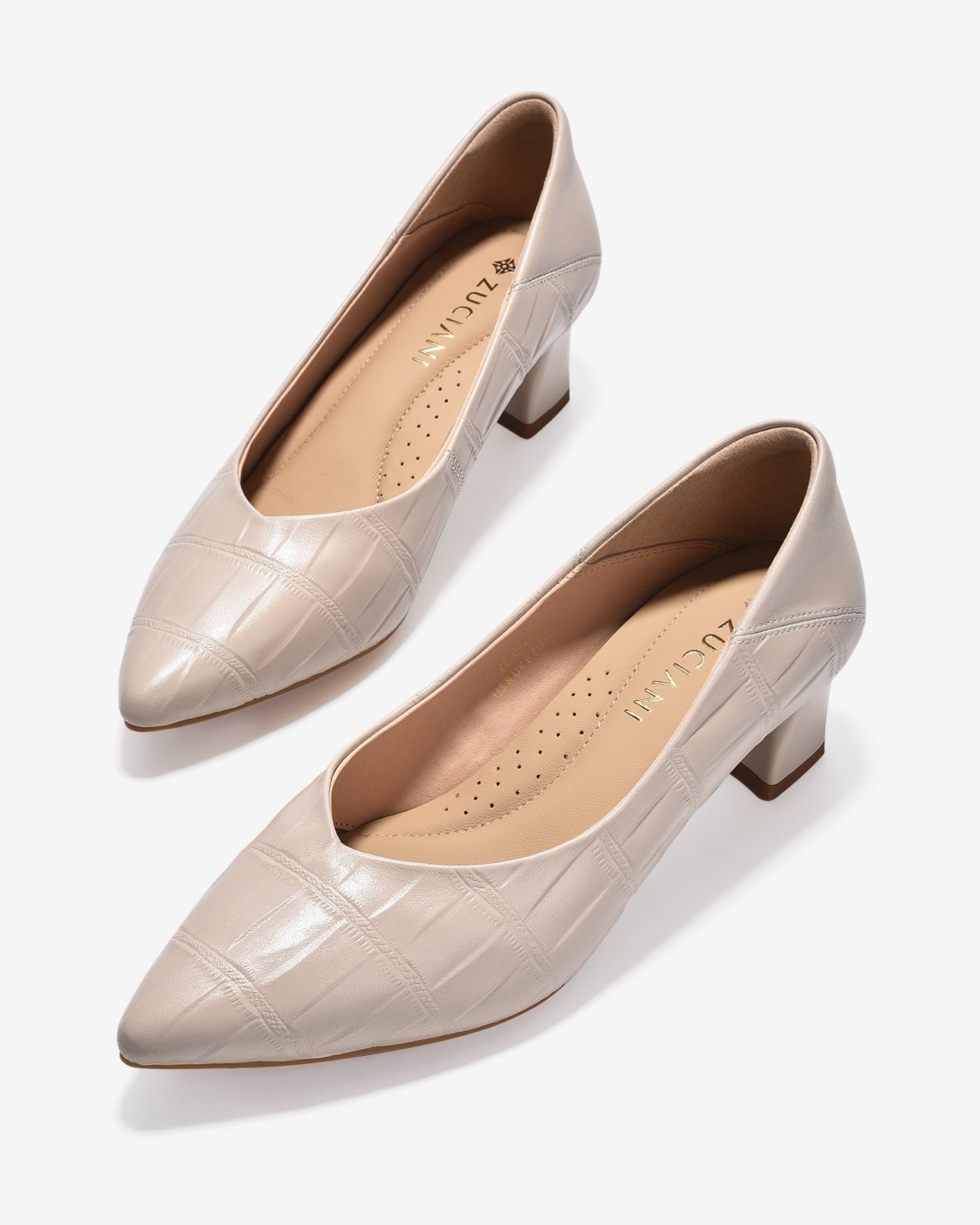 Giày Cao Gót Zuciani Gót Vuông Dập Vân-GCM01-Kem Color1
