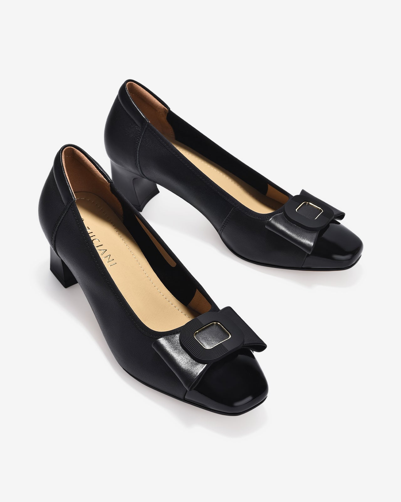 Giày Cao Gót Zuciani Mũi Phối Da Bóng Đính Khoá Nơ-GCM04-Đen Color1
