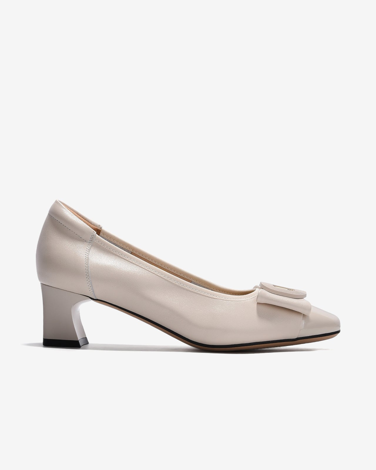 Giày Cao Gót Zuciani Mũi Phối Da Bóng Đính Khoá Nơ-GCM04-Trắng Color2First