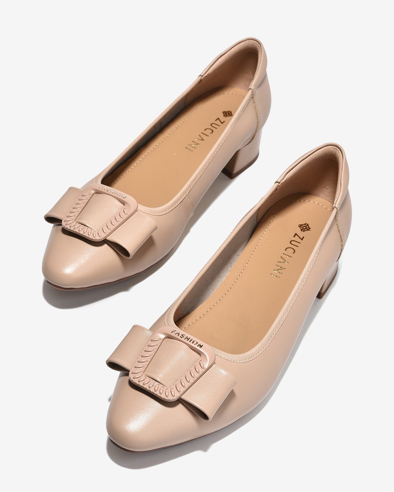 Giày Cao Gót Zuciani Gót Vuông Khóa Nơ-GCM38-Kem Color1