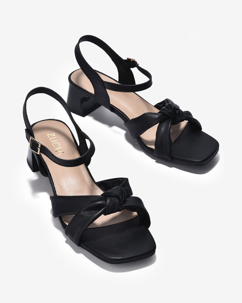 Giày Sandal Cao Gót Zucia Quai Đôi Thắt Nút-SRXA3-Đen Color1