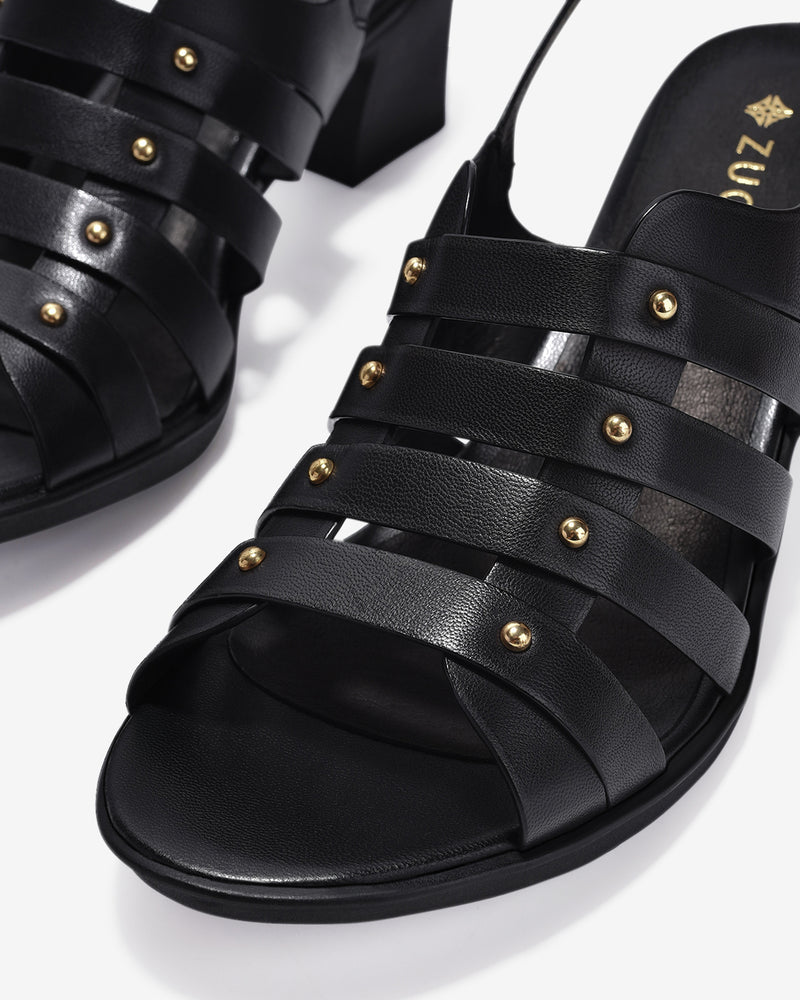 Giày Sandal Cao Gót Zuciani Quai Ngang Phối Kim Loại-SCM14-Đen Color1