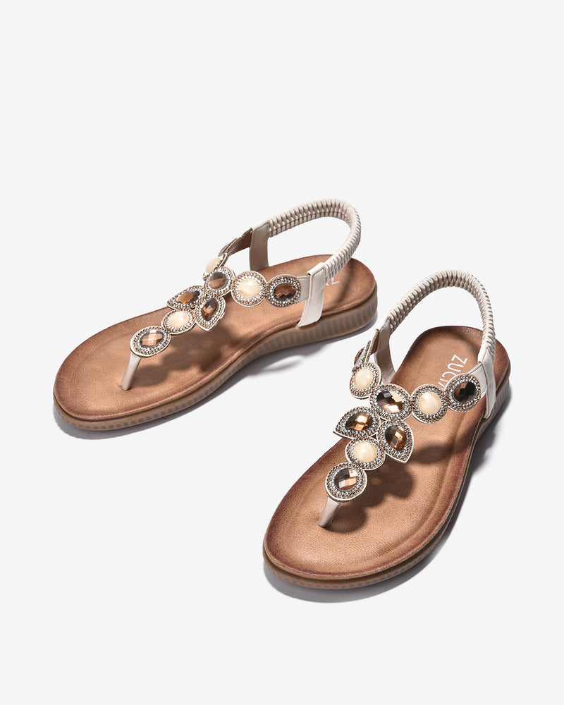 Giày Sandal Zucia Đế Bằng Quai Phối Đá-SHLH1-Kem Color1