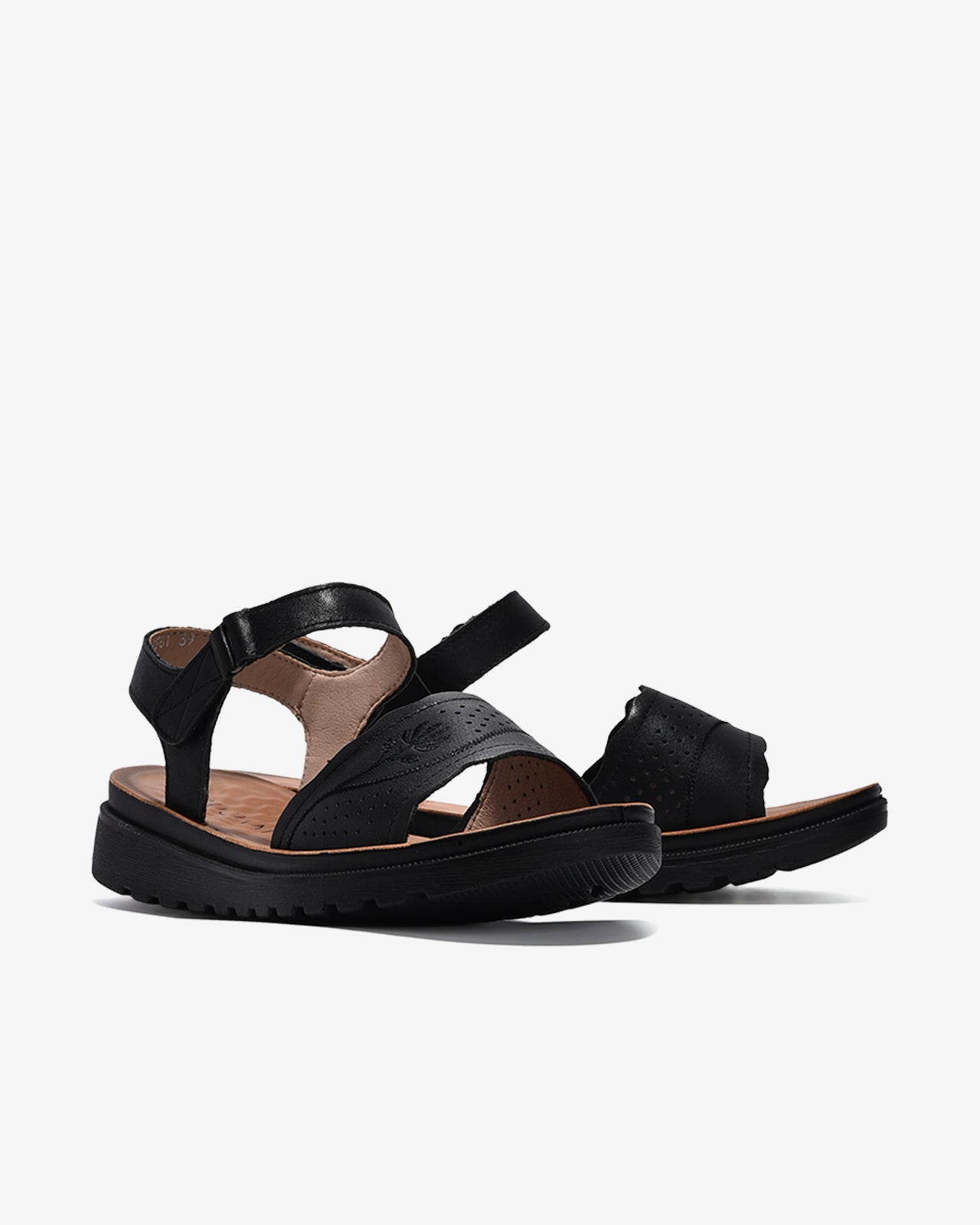 Sandals Nữ Zuciani Quai Ngang Đục Lỗ Thêu Hoa-SCF61-Đen Color1