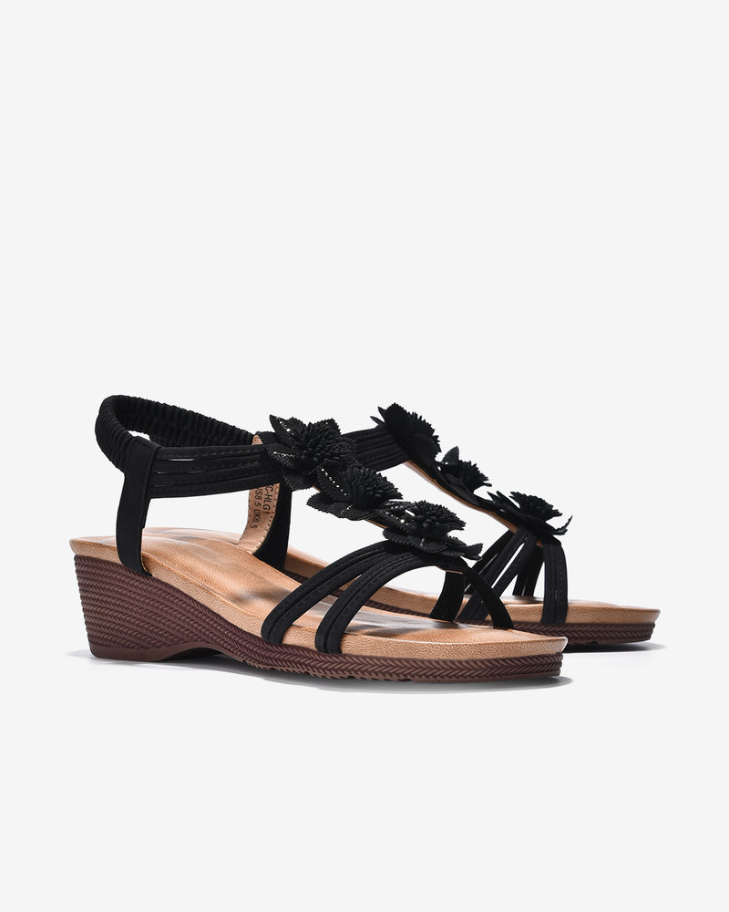 Giày Sandal Xuồng Zucia Quai T-Strap Phối Hoa-SHLG1-Đen Color2