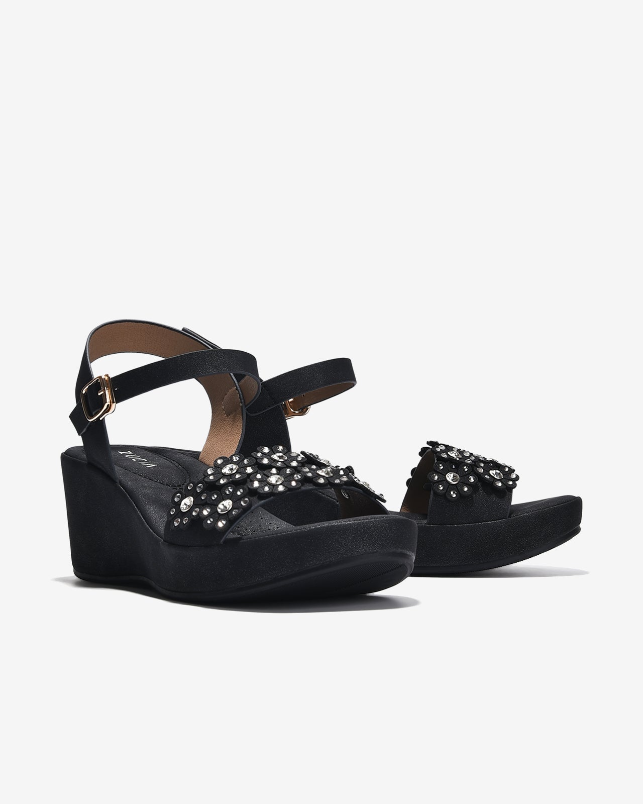 Giày Sandal Cao Gót Zucia Quai Ngang Đính Hoa-SHLK2-Đen Color2