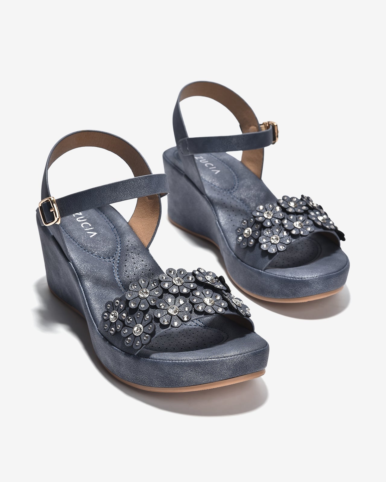 Giày Sandal Cao Gót Zucia Quai Ngang Đính Hoa-SHLK2-Xanh Color1